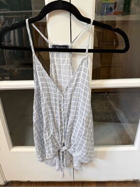 KLD Gray & White Windowpane Tie-Front Tank